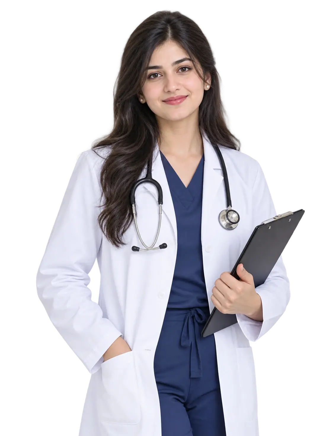 A physician in a white coat holding a patient chart
