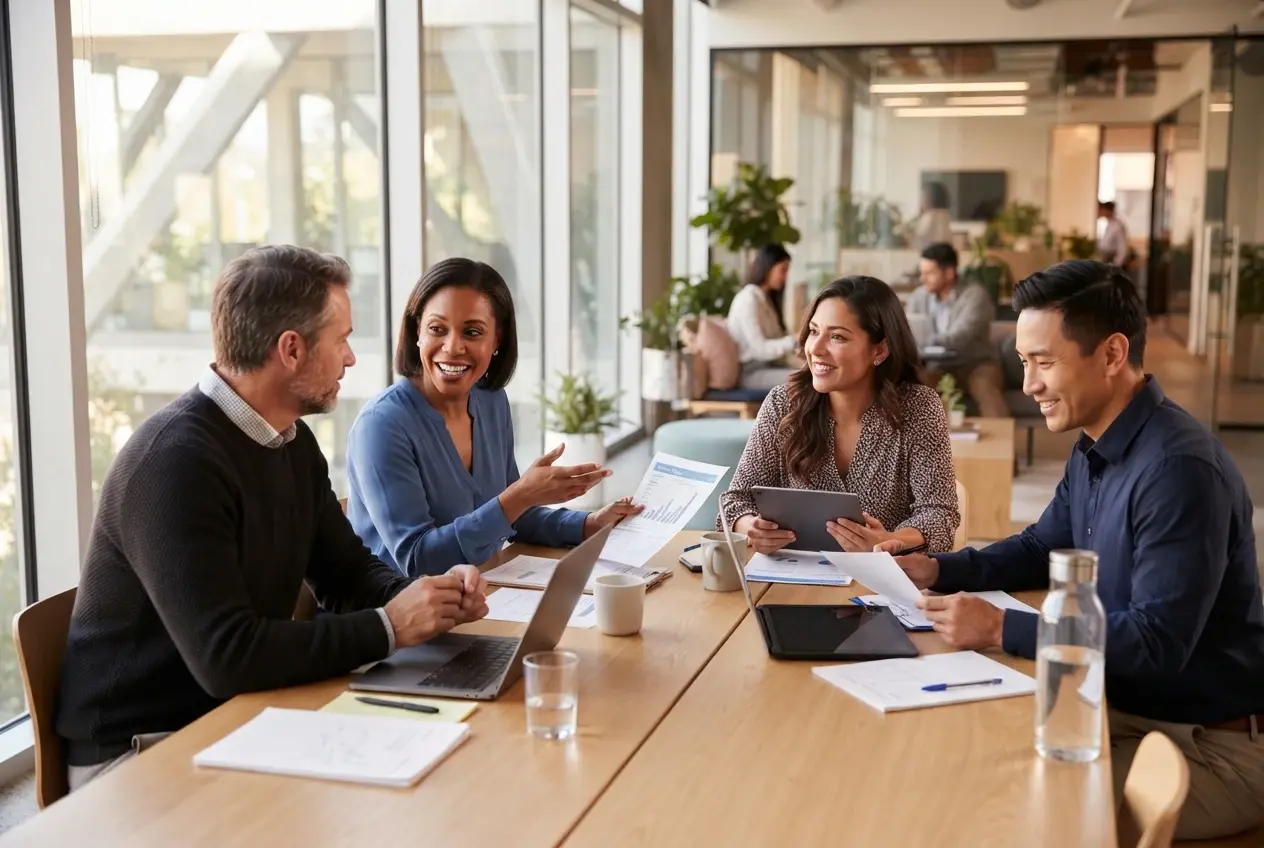 A billing team reviewing accounts and reports together in an office